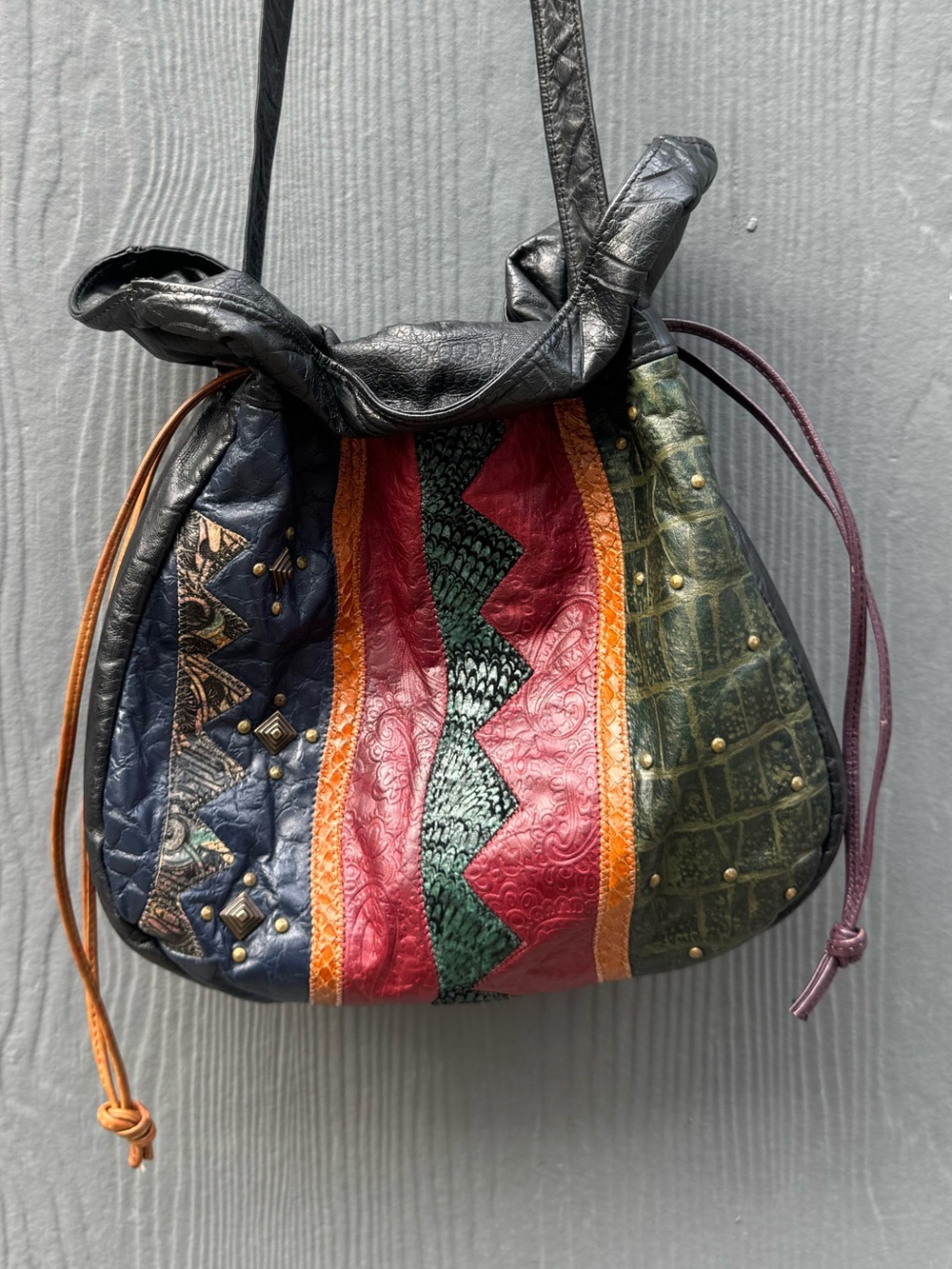 Leather & Snakeskin Patchwork Colorful Drawstring Purse